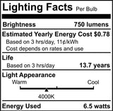 Bulbrite 862308 6.5W LED B11 Light Bulb 4000K Dimmable E12 750 Lumens 120V 4PK
