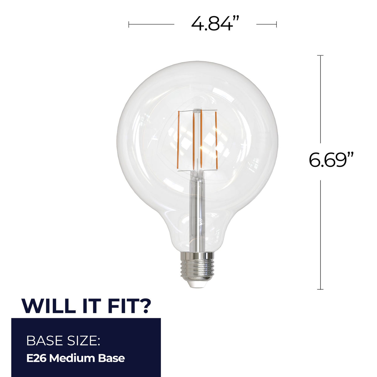 Bulbrite 862094 Bulbrite LED Filament Pack of (2) 8.5 Watt Dimmable G40 Light Bulb with Clear Glass Finish and Medium (E26) Base - 4000K (Cool White Light), 800 Lumens