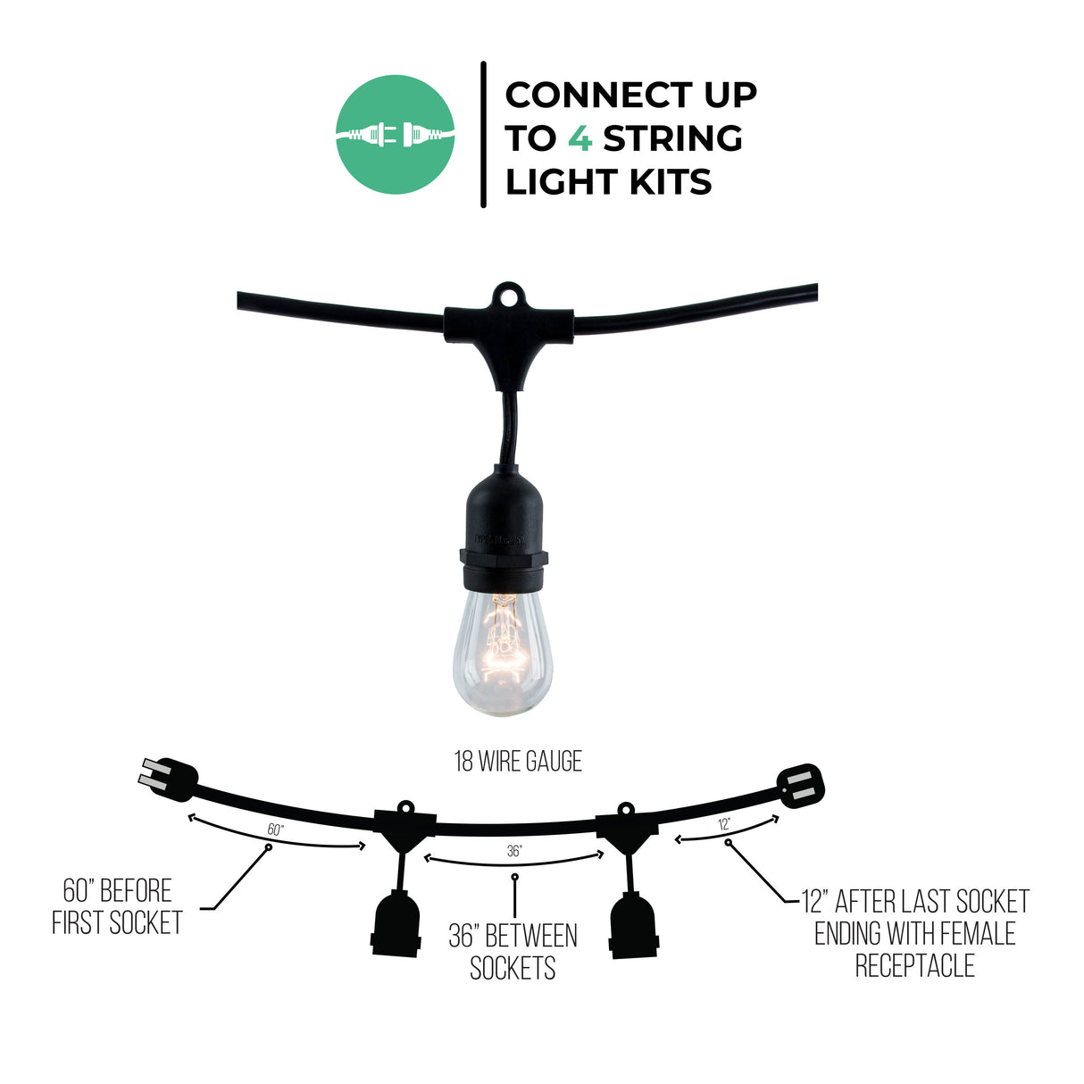 Bulbrite 810002 Bulbrite 48-foot String Light Kit with Clear Vintage Style S14 Incandescent Light Bulbs