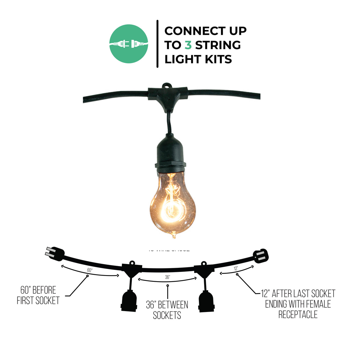 Bulbrite 862823 Bulbrite 48-foot String Light Kit with Nostalgic Loop Filament A19 Incandescent Light Bulbs, 2-pk