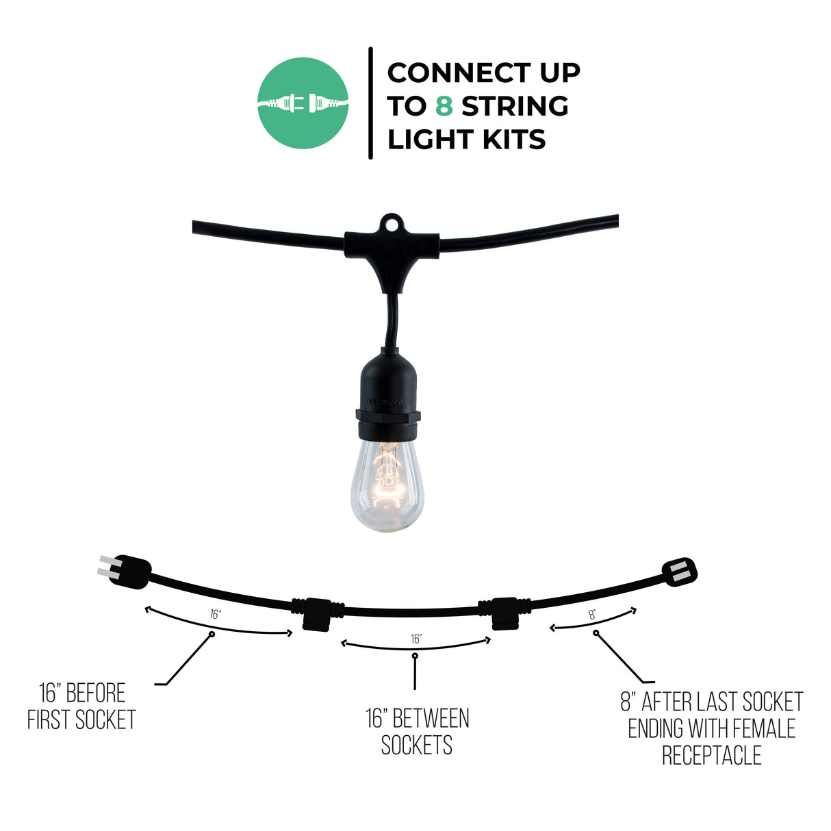 Bulbrite 862816 Bulbrite 14-foot String Light Kit with with Clear Vintage Style S14 Incandescent Light Bulbs, 2-pk