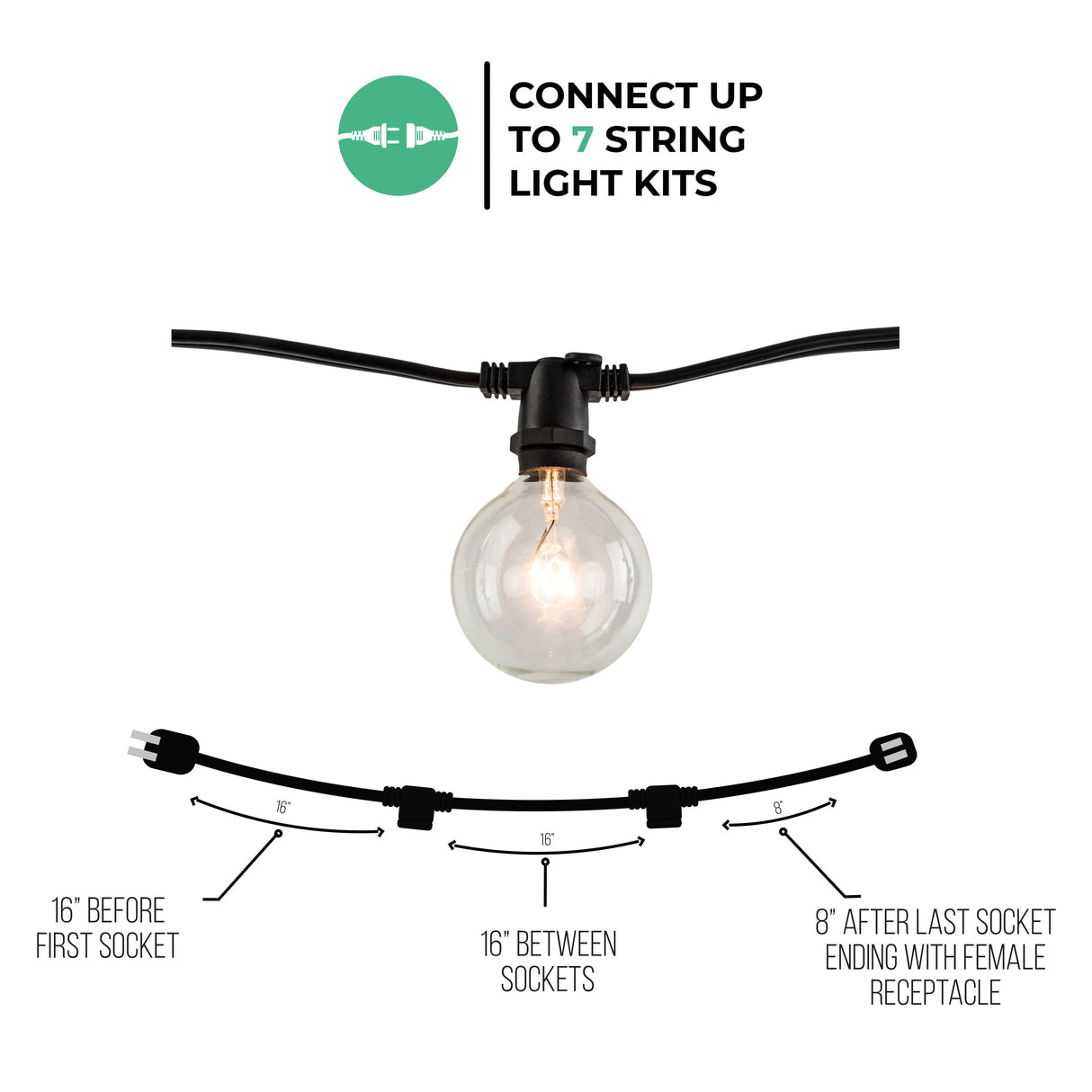 Bulbrite 810054 Bulbrite 14 ft, 10-Socket Decorative String Light Kit with Clear Incandescent Globe (G16) Bulbs, 14 ft, Black, 14 ft