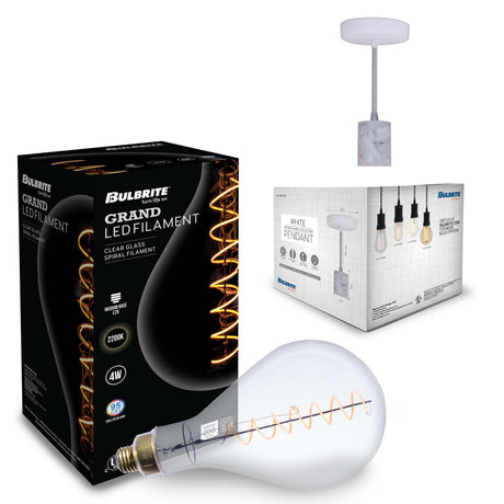 Bulbrite 810174 4W LED PEAR SHAPED GRAND 2200K FILAMENT W/ WHITE MARBLE PENDANT WITH WHITE STRING
