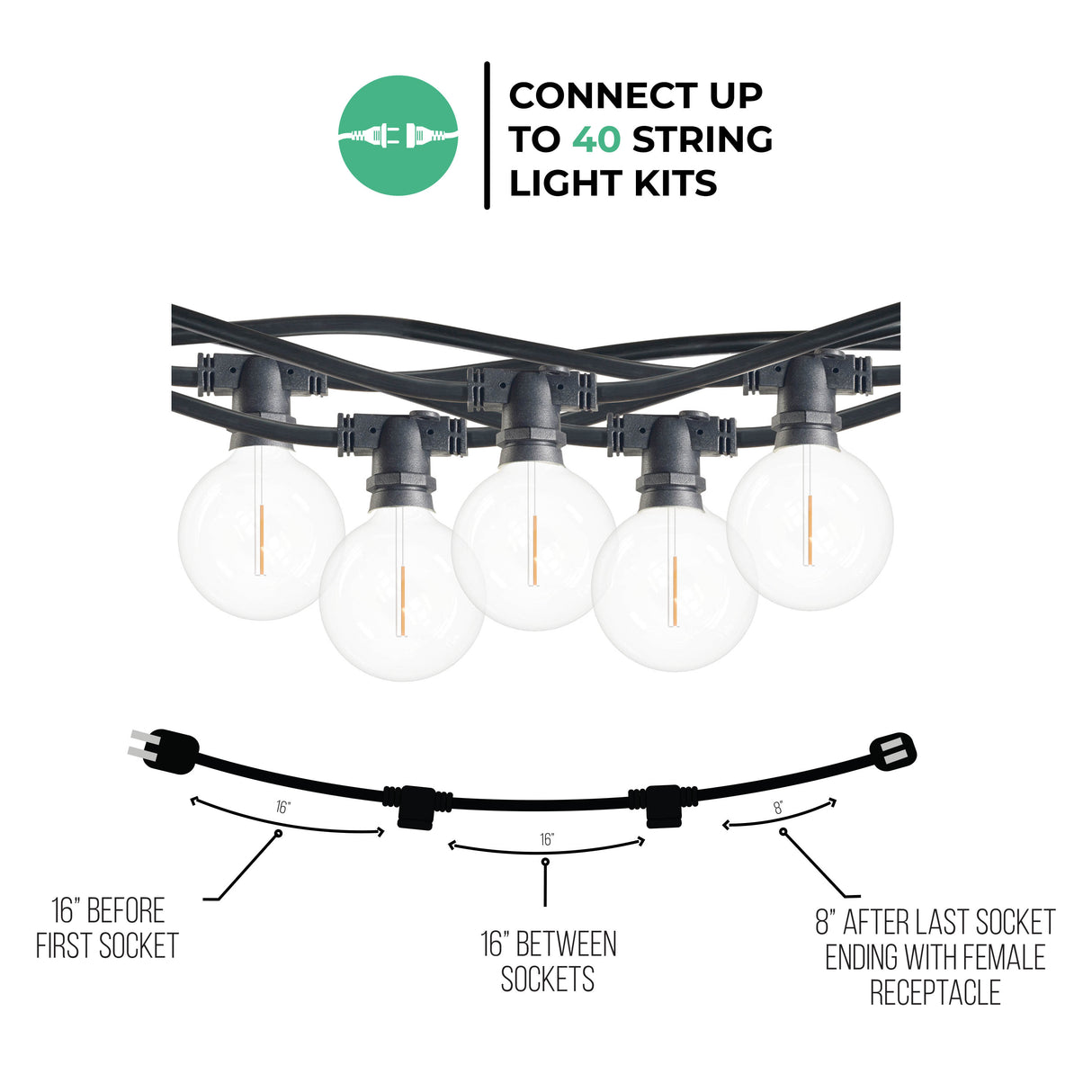 Bulbrite 812123 Bulbrite 14-foot String Light Kit with Clear Shatter Resistant Globe G16 LED Light Bulbs