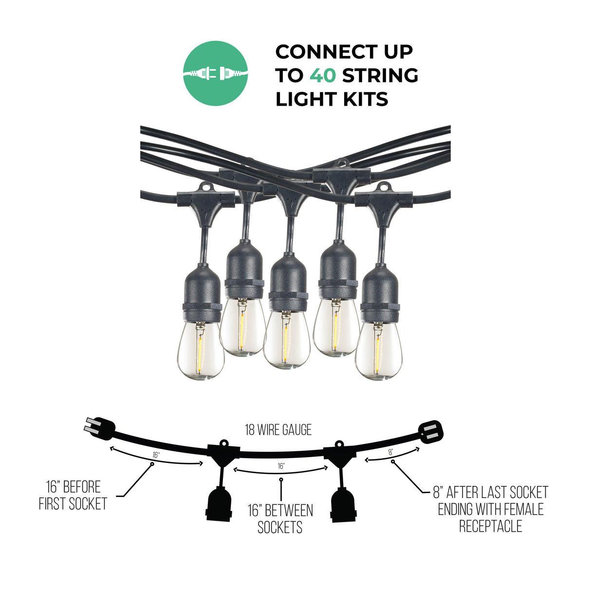 Bulbrite 862817 Bulbrite 14-foot String Light Kit with Clear Shatter Resistant Vintage Style S14 LED Light Bulbs-2PK