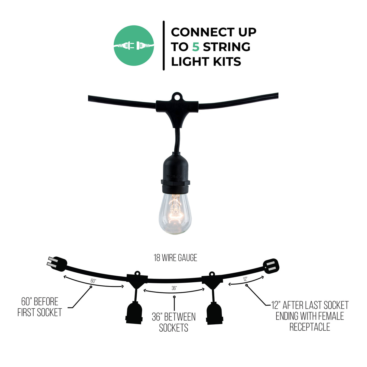 Bulbrite 862820 Bulbrite 48-foot String Light Kit with Clear Vintage Style S14 Incandescent Light Bulbs, 2-pk