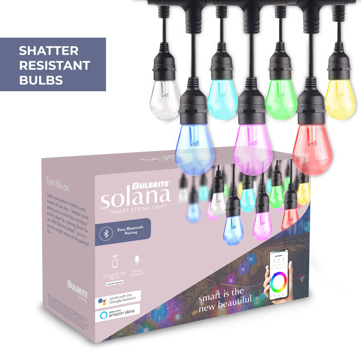 Bulbrite 862824 Bulbrite Solana 36-FT Smart String Light Kit with Shatter Resistant RGB Color Changing LED Light Bulbs, 2 Pack