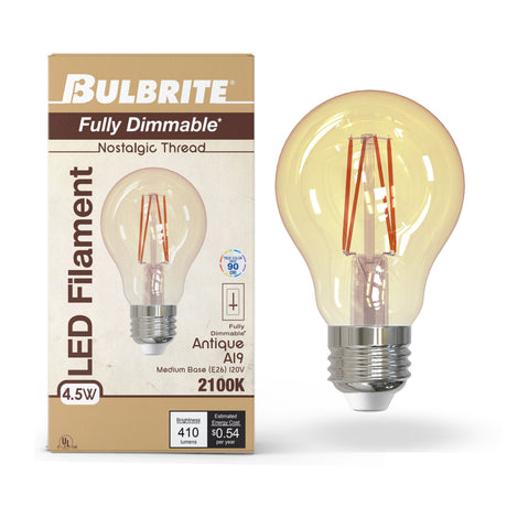 Bulbrite 861083 4.5W LED A19 2100K FILAMENT NOSTALGIC E26 FULLY COMPATIBLE DIMMING