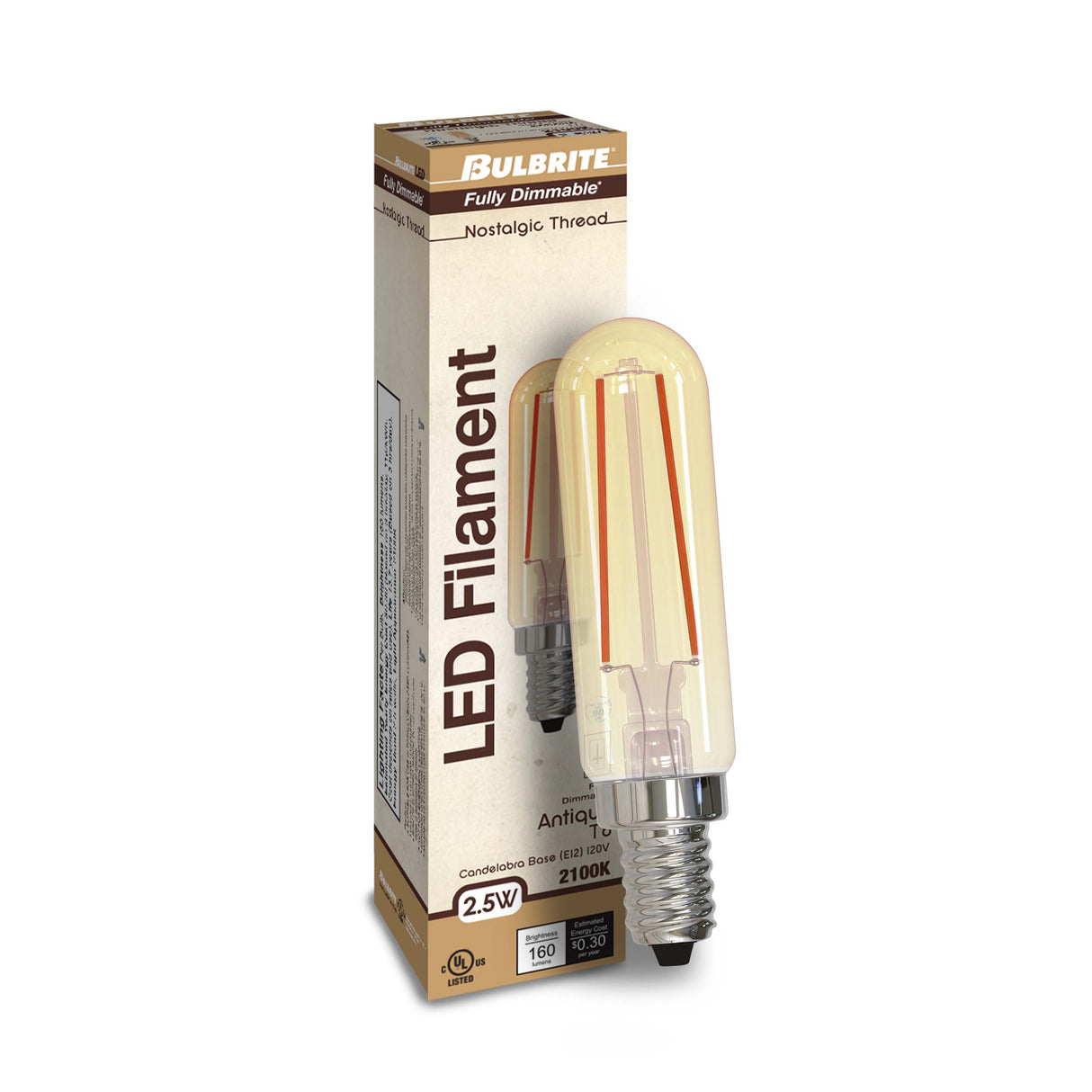 Bulbrite 861408 Bulbrite LED Filament T6 Nostalgic Thread Edison Light Bulb, 25 Watt Equivalent, 2100K, Antique, 4 Piece