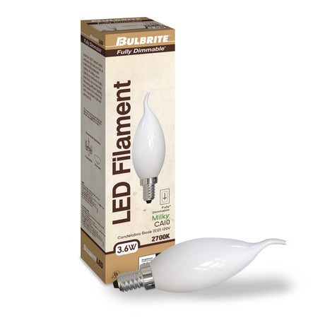 Bulbrite 861416 Bulbrite LED Filament CA10 Dimmable Candelabra Screw Base (E12) Light Bulb, 300 Lumens, 40 Watt Equivalent 2700K, Frost 4-Pack