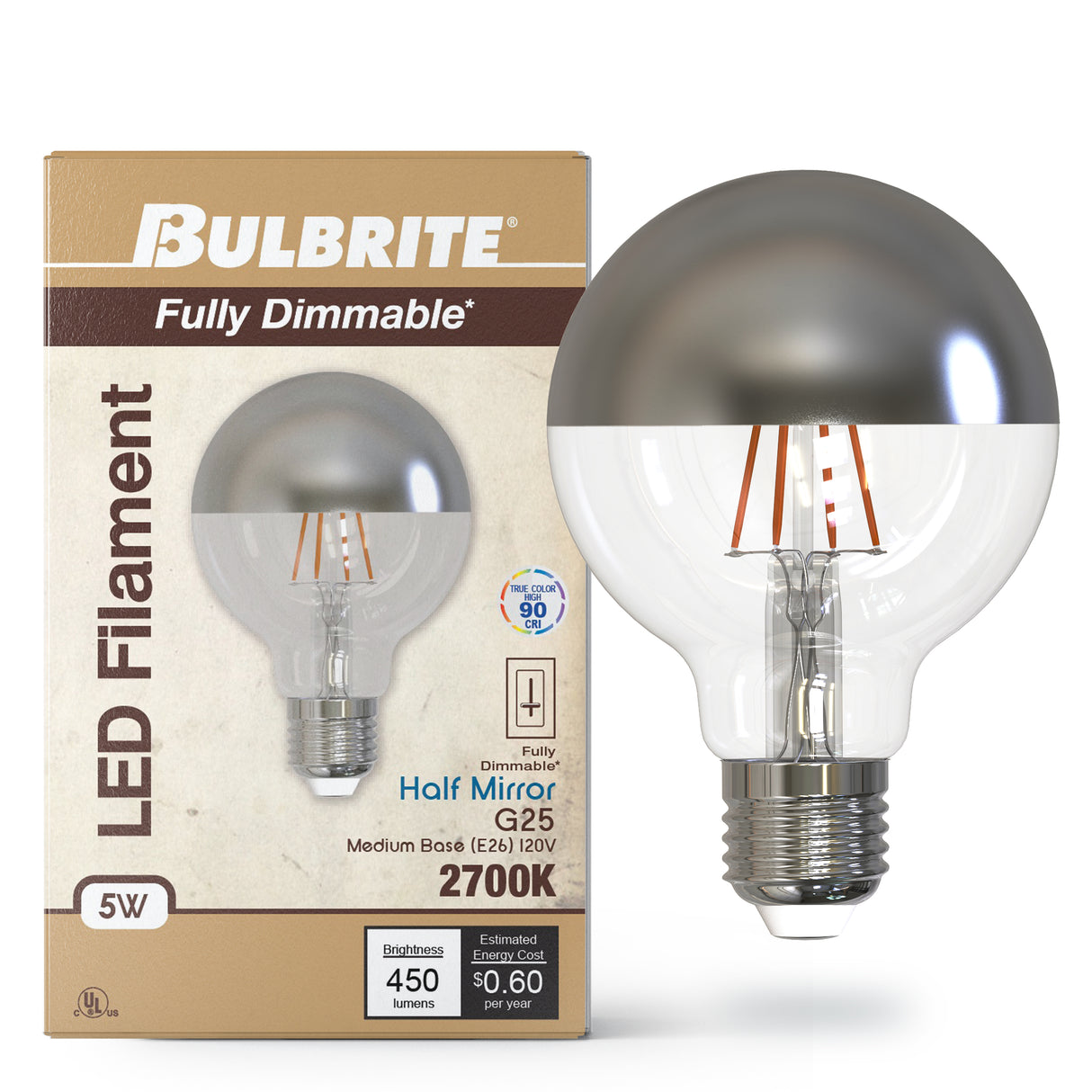 Bulbrite 861425 5W LED G25 2700K FILAMENT HALF MIRROR E26 FULLY COMPATIBLE DIMMING-2PK