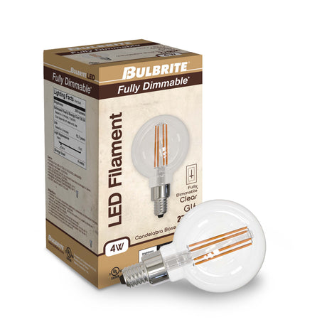 Bulbrite 861428 Bulbrite Pack of (3) 4.5 Watt Dimmable Clear Filament G16 Candelabra (E12) LED Bulb - 350 Lumens, 2700K, and 80 CRI