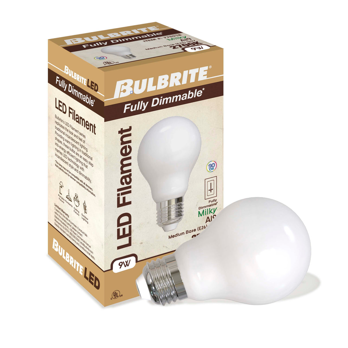 Bulbrite 861582 Bulbrite Pack of (2) 8.5 Watt Dimmable Milky Finish A19 Medium (E26) LED Bulb - 1100 Lumens, 2700K, and 80 CRI