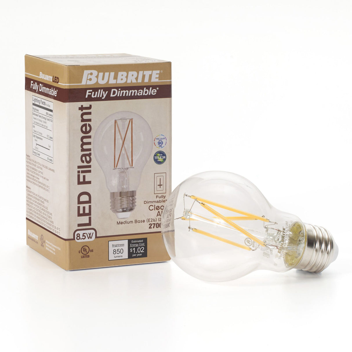 Bulbrite 861592 8.5W LED A19 Light Bulb 2700K Dimmable E26 850 Lumens 120V 2PK