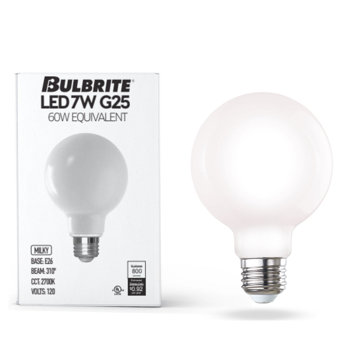 Bulbrite 861626 7W LED G25 2700K FILAMENT MILKY E26 DIM-8PK