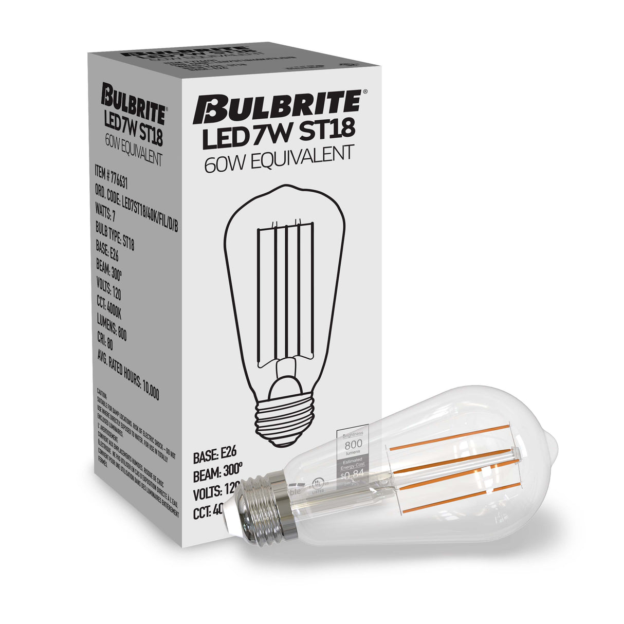 Bulbrite 861630 Bulbrite LED Filament Pack of 8, 7 Watt Dimmable ST18 Light Bulb with Clear Finish and Medium Screw E26 Base - 4000K(Cool White Light), 800 lumens
