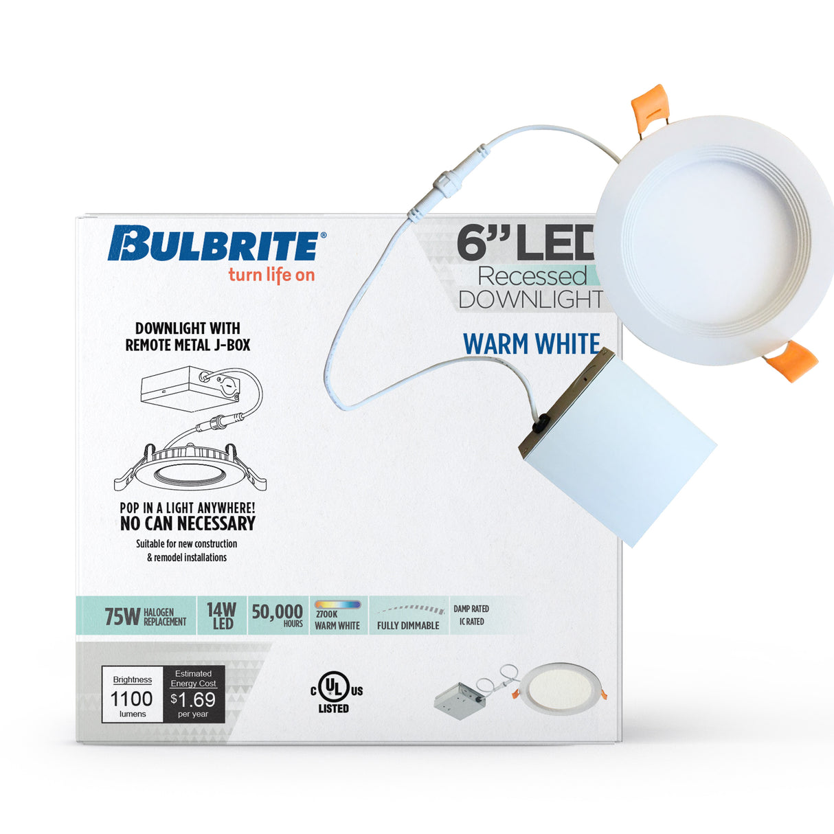 Bulbrite 861669 14W LED 6" Recessed Downlight 2700K Dimmable 1100 Lumens 120V 2PK