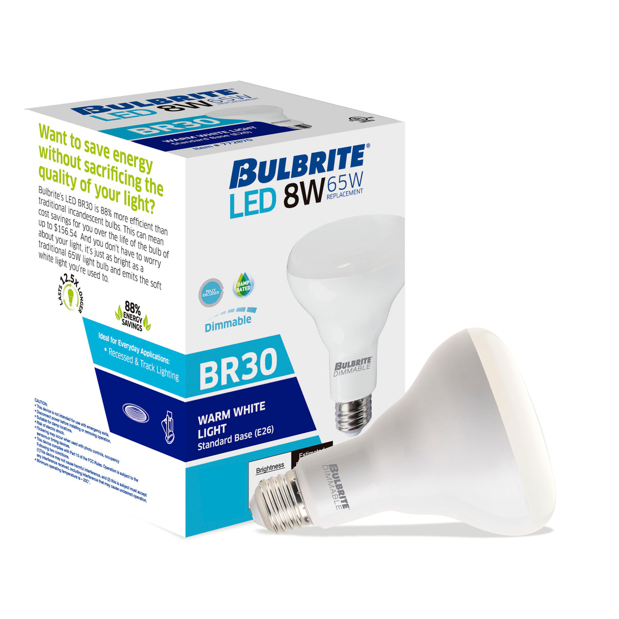 Bulbrite 862957 Bulbrite LED Filament 8 Watt Dimmable BR30 Light Bulb with Frost Glass Finish and Medium (E26) Base - 2700K (Warm White Light), 650 Lumens-4PK