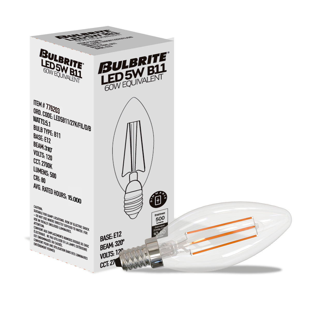 Bulbrite 861745 Bulbrite LED Filament Pack of (24) 5 Watt Dimmable B11 Light Bulb with Clear Glass Finish and Candelabra  (E12) Base - 2700K (Warm White Light), 500 Lumens