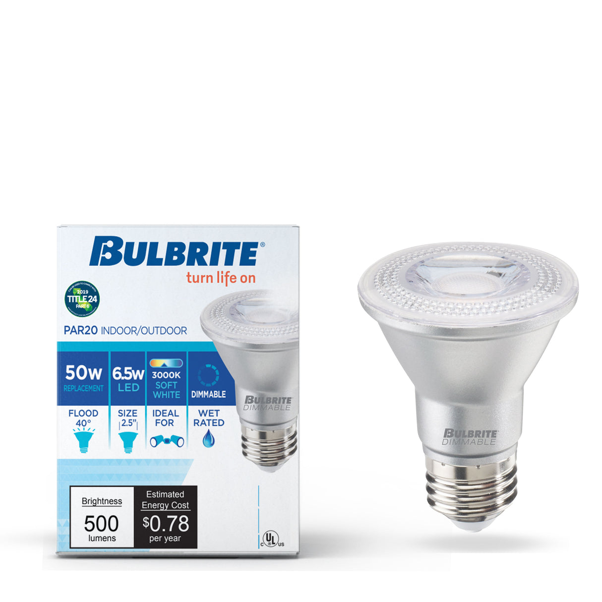 Bulbrite 861760 6.5W LED PAR20 Light Bulb 3000K Dimmable E26 488 Lumens 120V 6PK