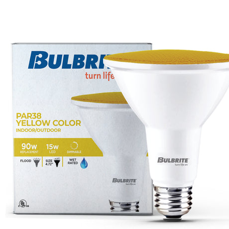 Bulbrite 861908 90-Watt Equivalent, Yellow Color PAR38 Weatherproof Outdoor E26 Medium Base Flood LED Light Bulb