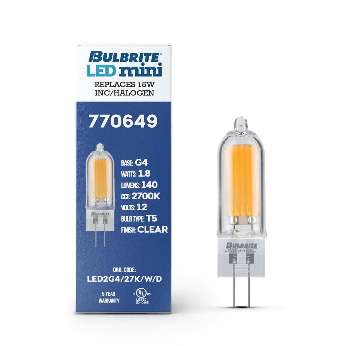 Bulbrite 862037 Bulbrite LED Filament Pack of (4) 1.8 Watt Dimmable T5 Light Bulb with Clear Glass Finish and (G4) Base - 2700K (Warm White Light), 140 Lumens