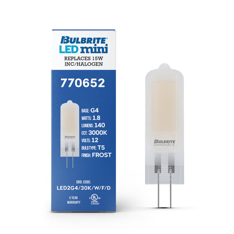 Bulbrite 862040 Bulbrite LED Filament Pack of (4) 1.8 Watt Dimmable T5 Light Bulb with Frost Glass Finish and (G4) Base - 3000K (Soft White Light), 140 Lumens