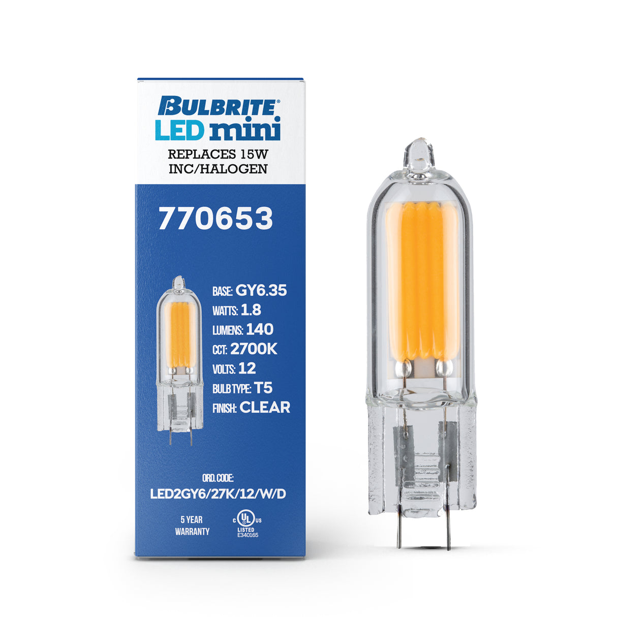 Bulbrite 862041 Bulbrite LED Filament Pack of (4) 1.8 Watt Dimmable T5 Light Bulb with Clear Glass Finish and (GY6.35) Base - 2700K (Warm White Light), 140 Lumens