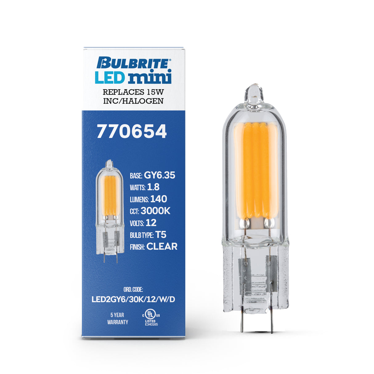 Bulbrite 862042 Bulbrite LED Filament Pack of (4) 1.8 Watt Dimmable T5 Light Bulb with Clear Glass Finish and (GY6.35) Base - 3000K (Soft White Light), 140 Lumens