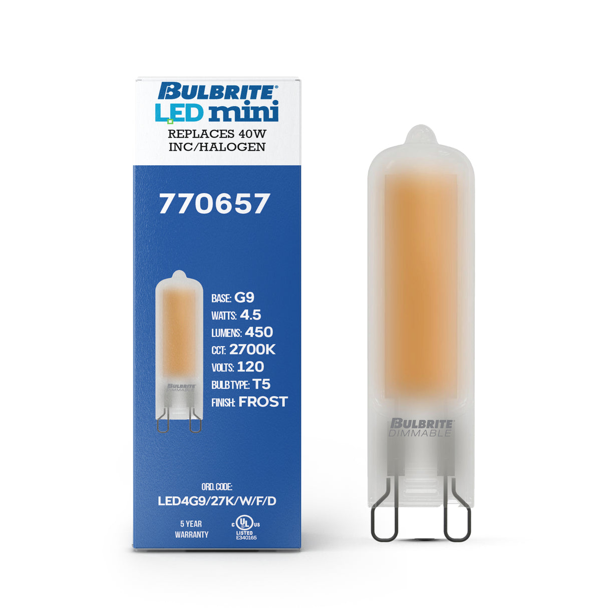 Bulbrite 862045 Bulbrite LED Filament Pack of (4) 4.5 Watt Dimmable T5 Light Bulb with Frost Glass Finish and (G9) Base - 2700K (Warm White Light), 450 Lumens