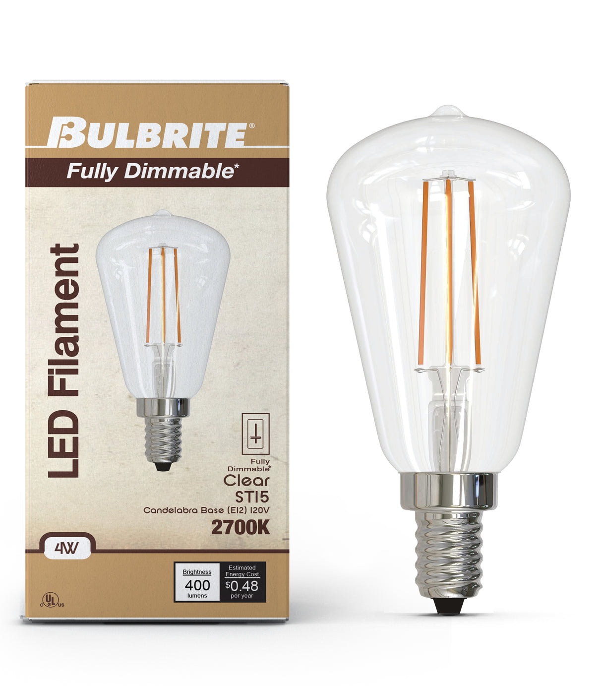 Bulbrite 862050 Bulbrite LED Filament Pack of (4) 4 Watt Dimmable ST15 Light Bulb with Clear Glass Finish and Candelabra (E12) Base - 3000K (Soft White Light), 400 Lumens