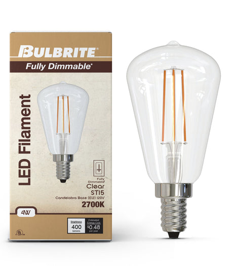 Bulbrite 862050 Bulbrite LED Filament Pack of (4) 4 Watt Dimmable ST15 Light Bulb with Clear Glass Finish and Candelabra (E12) Base - 3000K (Soft White Light), 400 Lumens