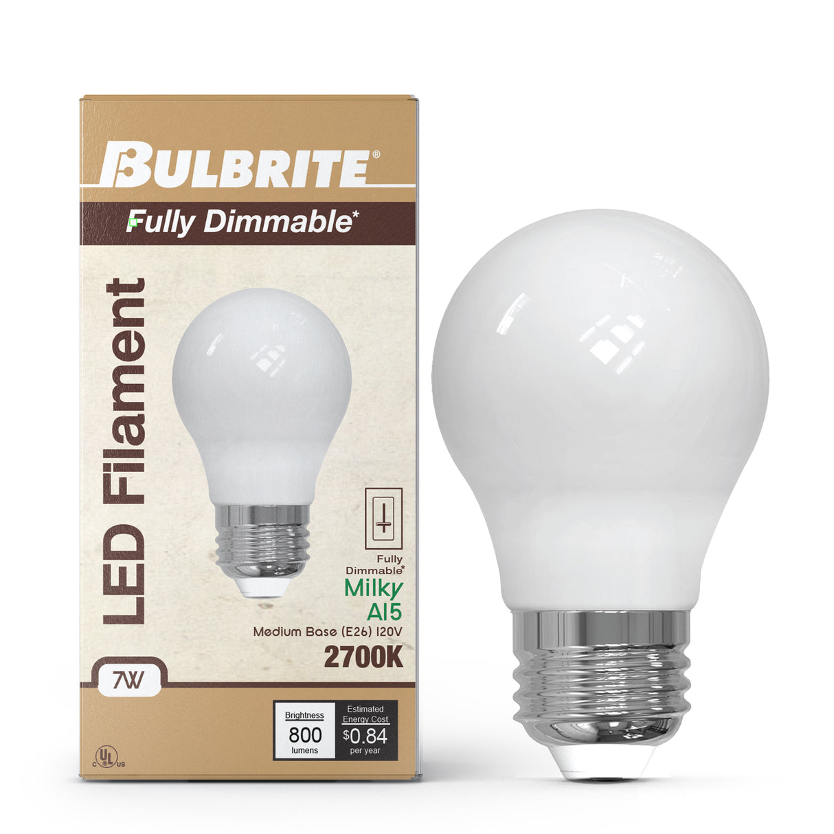 Bulbrite 862059 Bulbrite LED Filament Pack of (4) 7 Watt Dimmable A15 Light Bulb with Milky Glass Finish and Medium (E26) Base - 2700K (Warm White Light), 800 Lumens
