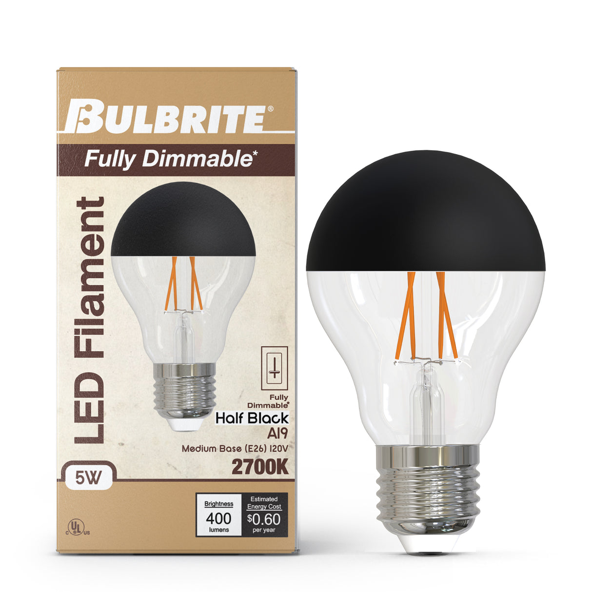 Bulbrite 862061 5W LED A19 Light Bulb 2700K Dimmable E26 400 Lumens 120V 4PK