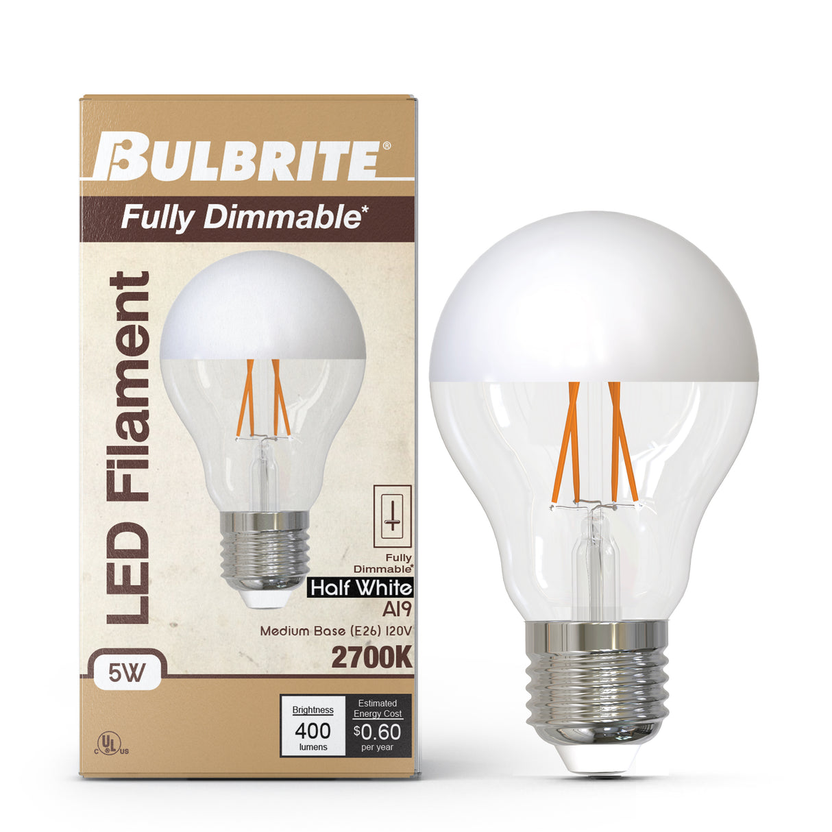 Bulbrite 862065 5W LED A19 Light Bulb 2700K Dimmable E26 400 Lumens 120V 4PK