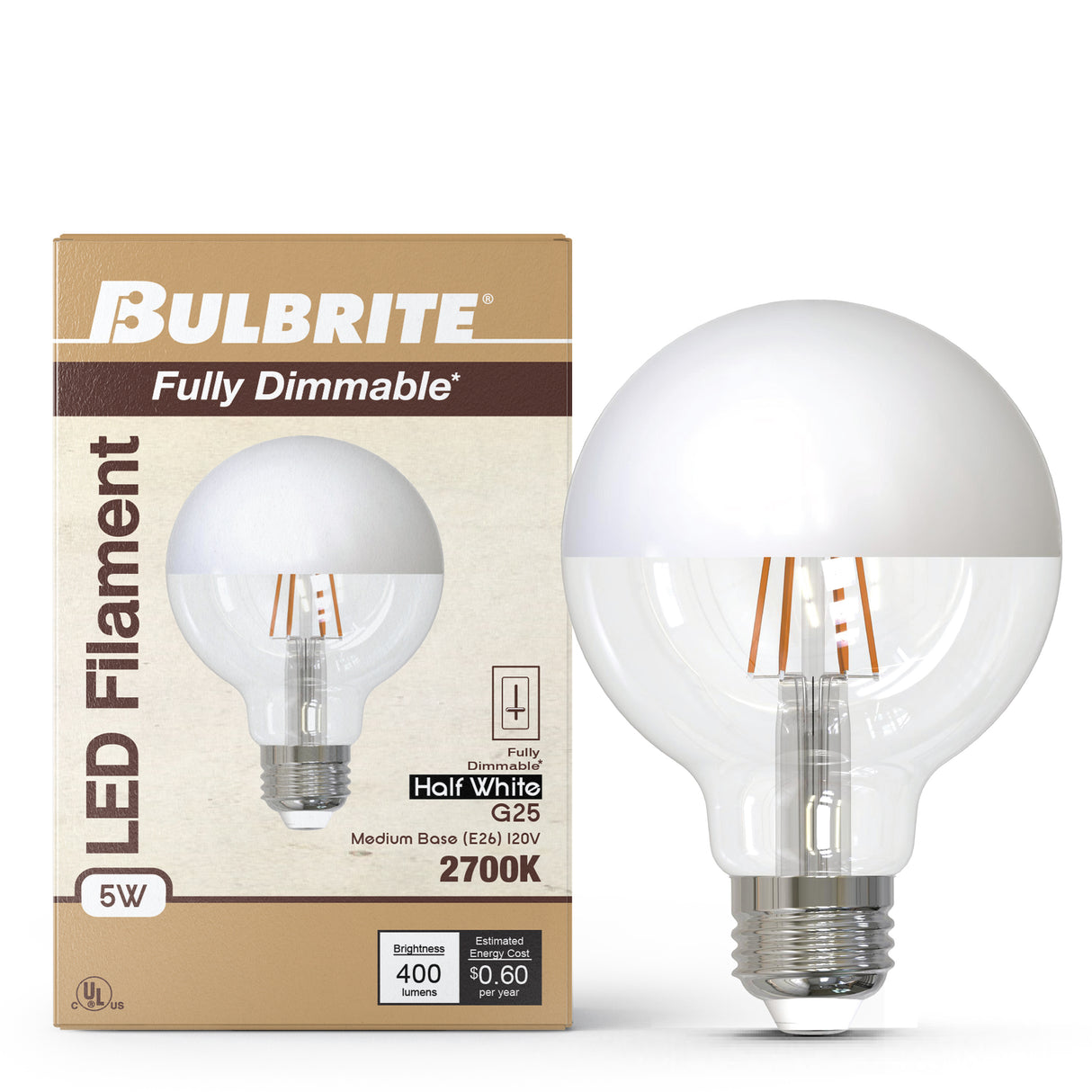 Bulbrite 862067 5W LED G25 Light Bulb 2700K Dimmable E26 400 Lumens 120V 4PK