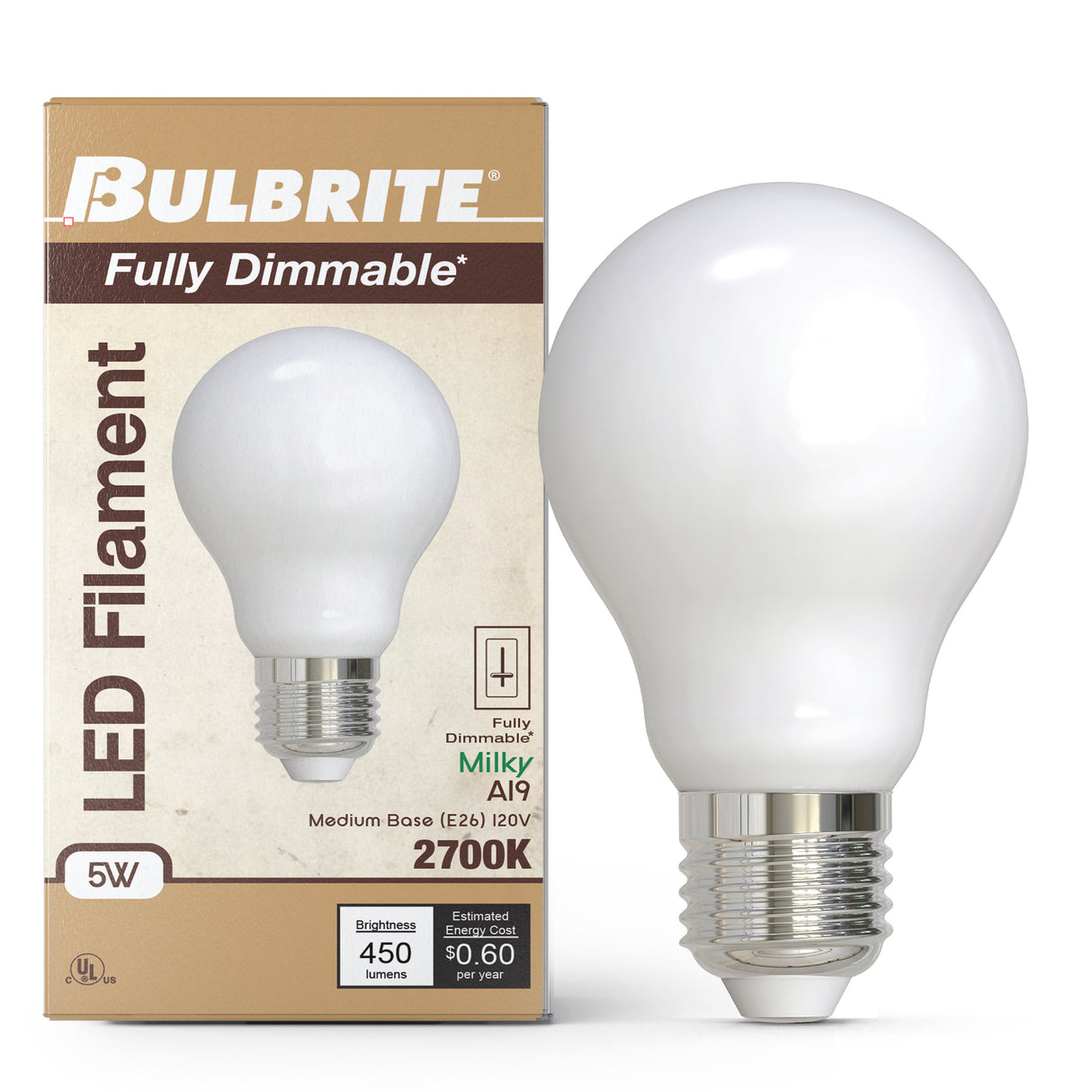 Bulbrite 862070 Bulbrite LED Filament Pack of (4) 5 Watt Dimmable A19 Light Bulb with Milky Glass Finish and Medium (E26) Base - 2700K (Warm White Light), 450 Lumens