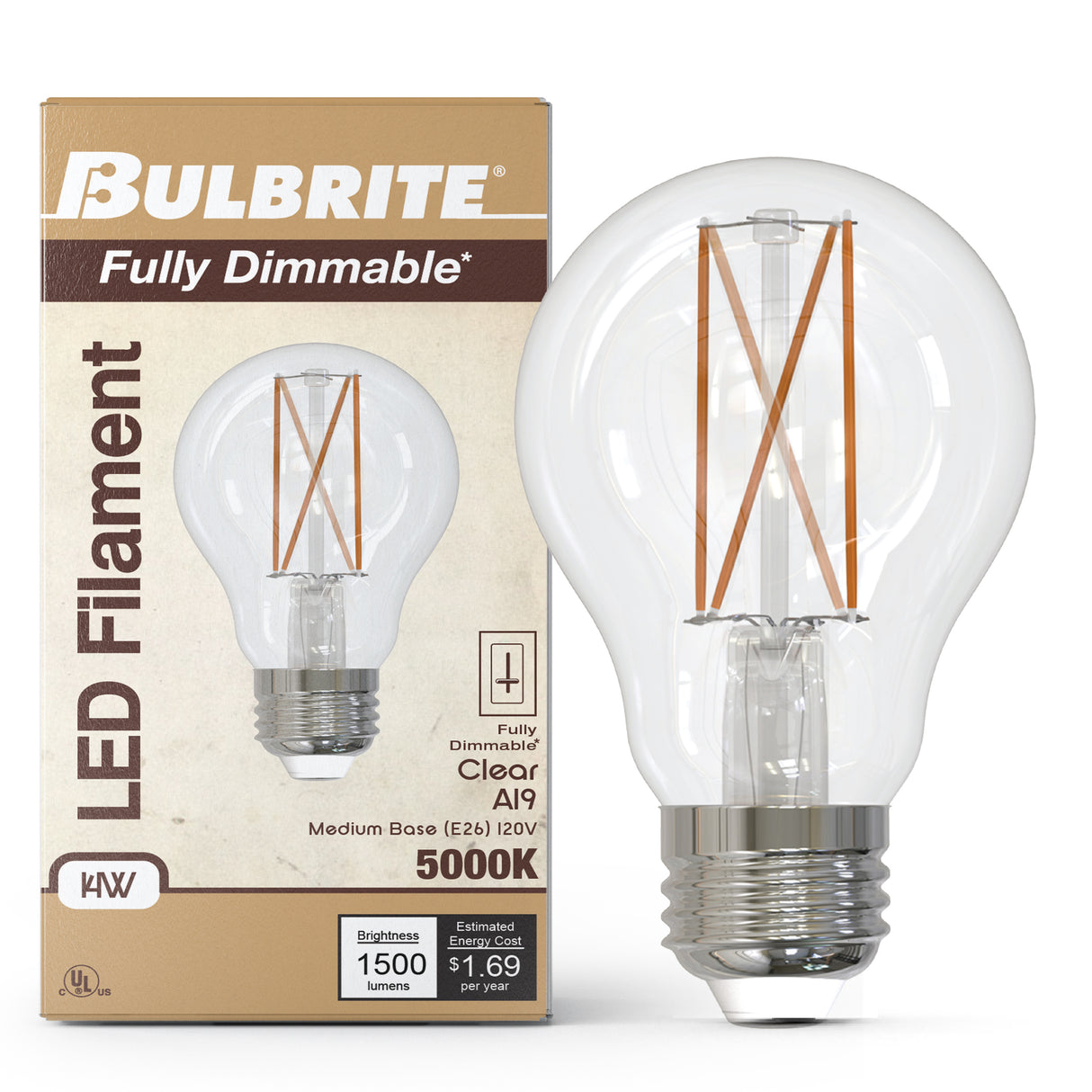 Bulbrite 862073 Bulbrite LED Filament Pack of (4) 14 Watt Dimmable A19 Light Bulb with Clear Glass Finish and Medium (E26) Base - 5000K (Soft Daylight Light), 1500 Lumens