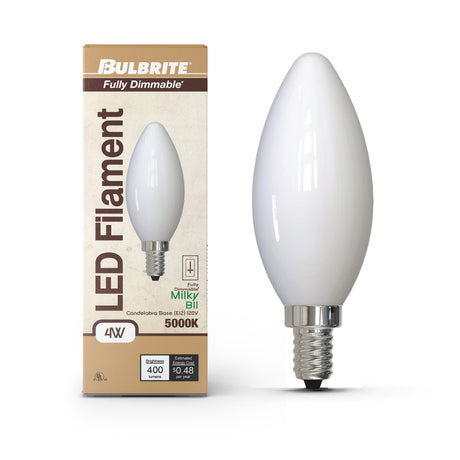 Bulbrite 862076 Bulbrite LED Filament Pack of (4) 4 Watt Dimmable B11 Light Bulb with Milky Glass Finish and Candelabra (E12) Base - 5000K (Soft Daylight Light), 400 Lumens