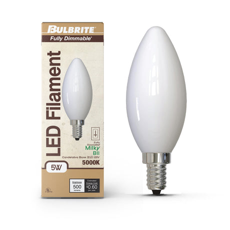 Bulbrite 862078 Bulbrite LED Filament Pack of (4) 5 Watt Dimmable B11 Light Bulb with Milky Glass Finish and Candelabra (E12) Base - 5000K (Soft Daylight Light), 500 Lumens