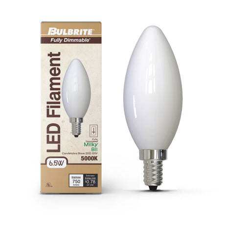 Bulbrite 862080 Bulbrite LED Filament Pack of (4) 6.5 Watt Dimmable B11 Light Bulb with Milky Glass Finish and Candelabra (E12) Base - 5000K (Soft Daylight Light), 750 Lumens