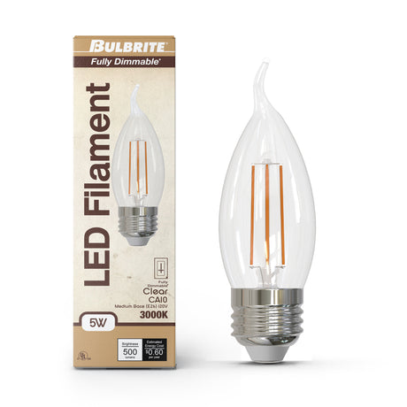 Bulbrite 862084 Bulbrite LED Filament Pack of (4) 5 Watt Dimmable CA10 Light Bulb with Clear Glass Finish and Medium (E26) Base - 3000K (Soft White Light), 500 Lumens