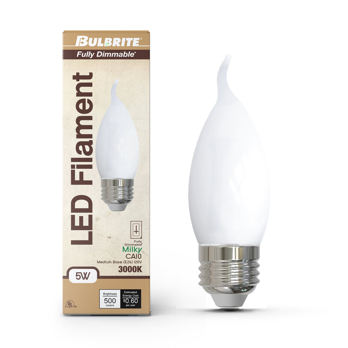 Bulbrite 862085 Bulbrite LED Filament Pack of (4) 5 Watt Dimmable CA10 Light Bulb with Milky Glass Finish and Medium (E26) Base - 3000K (Soft White Light), 500 Lumens