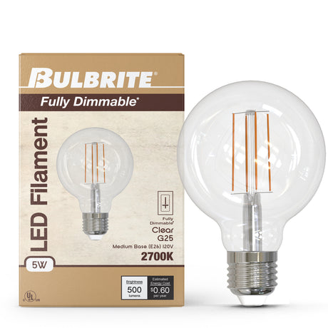 Bulbrite 862086 Bulbrite LED Filament Pack of (4) 5 Watt Dimmable G25 Light Bulb with Clear Glass Finish and Medium (E26) Base - 2700K (Warm White Light), 500 Lumens