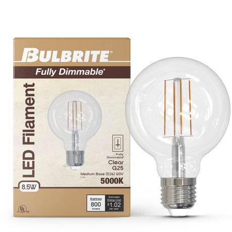 Bulbrite 862092 Bulbrite LED Filament Pack of (4) 8.5 Watt Dimmable G25 Light Bulb with Clear Glass Finish and Medium (E26) Base - 5000K (Soft Daylight Light), 800 Lumens