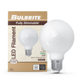 Bulbrite 862093 Bulbrite LED Filament Pack of (4) 8.5 Watt Dimmable G25 Light Bulb with Milky Glass Finish and Medium (E26) Base - 5000K (Soft Daylight Light), 800 Lumens
