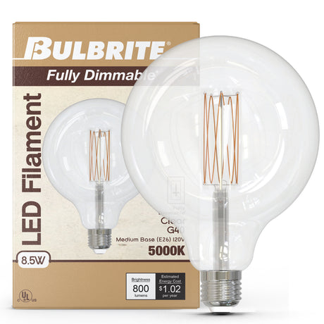 Bulbrite 862094 Bulbrite LED Filament Pack of (2) 8.5 Watt Dimmable G40 Light Bulb with Clear Glass Finish and Medium (E26) Base - 4000K (Cool White Light), 800 Lumens