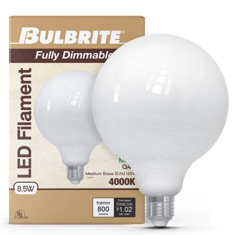 Bulbrite 862095 Bulbrite LED Filament Pack of (2) 8.5 Watt Dimmable G40 Light Bulb with Milky Glass Finish and Medium (E26) Base - 4000K (Cool White Light), 800 Lumens