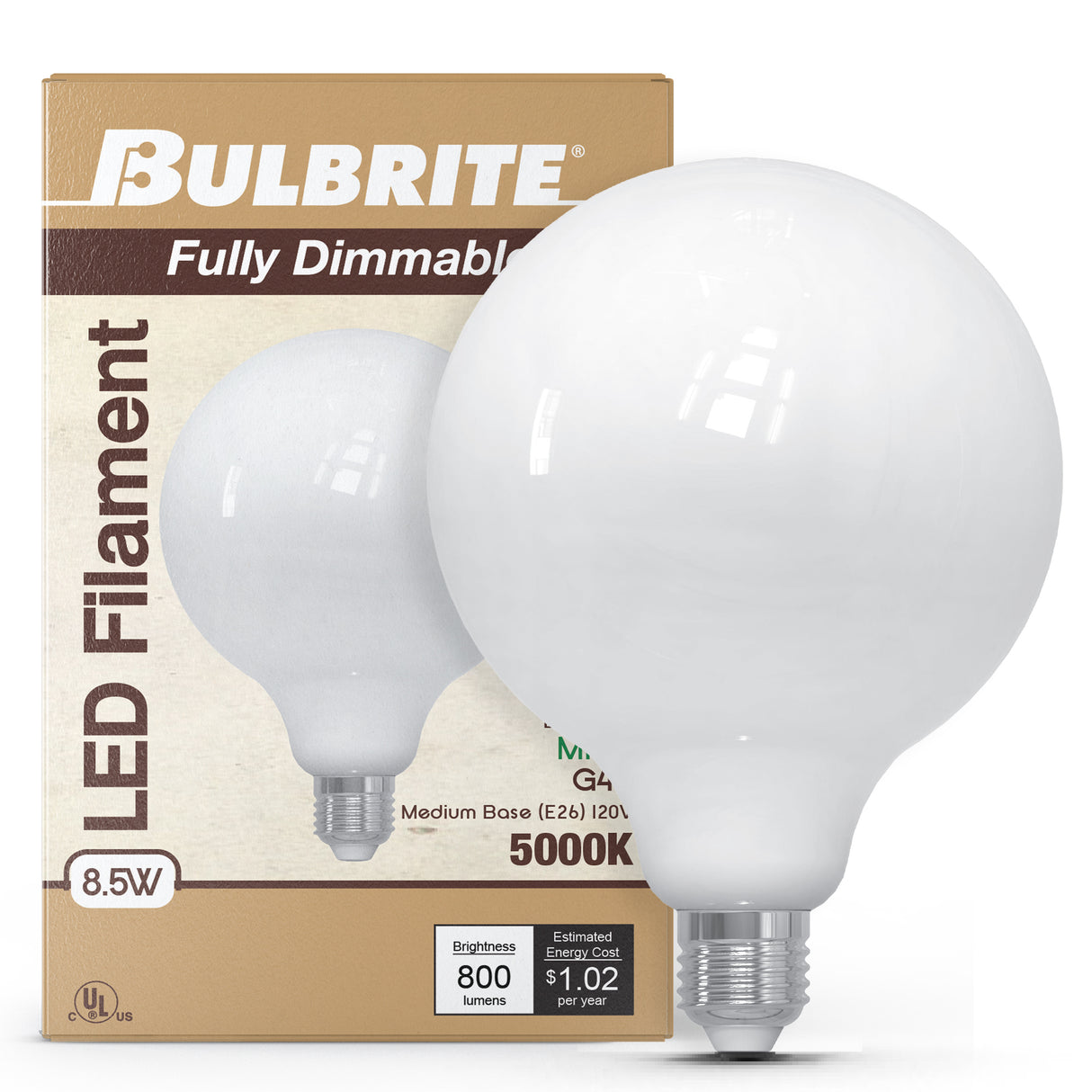 Bulbrite 862097 Bulbrite LED Filament Pack of (2) 8.5 Watt Dimmable G40 Light Bulb with Milky Glass Finish and Medium (E26) Base - 5000K (Soft Daylight Light), 800 Lumens