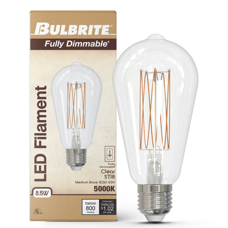 Bulbrite 862098 Bulbrite LED Filament Pack of (4) 8.5 Watt Dimmable ST18 Light Bulb with Clear Glass Finish and Medium (E26) Base - 5000K (Soft Daylight Light), 800 Lumens